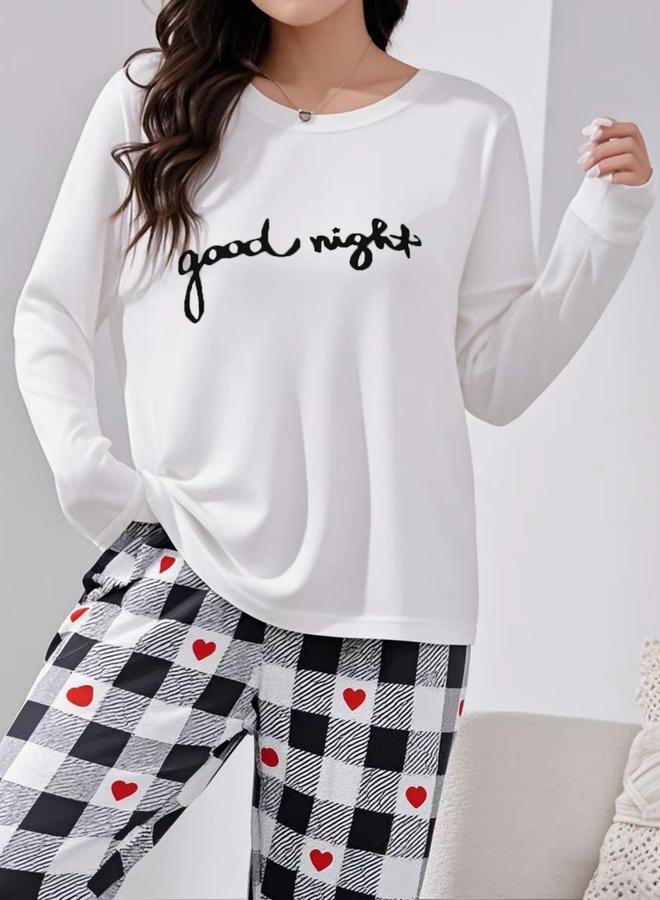 Take Two Slogan Printed Long Sleeve Top and Checked Pyjama Set - Image 4